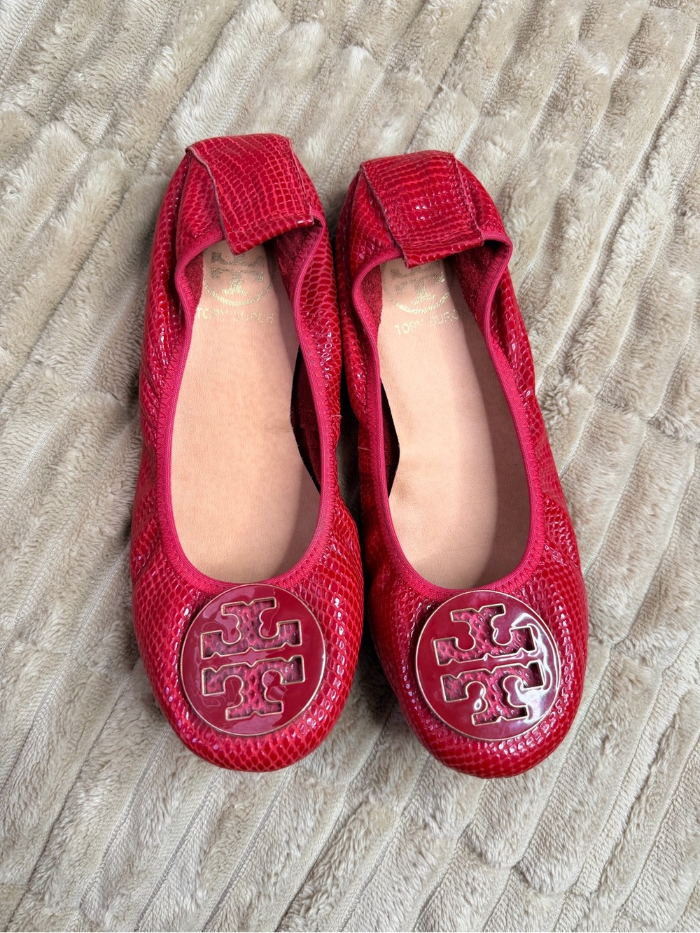 Tory Burch Red Patent Leather Logo Ballet Flats